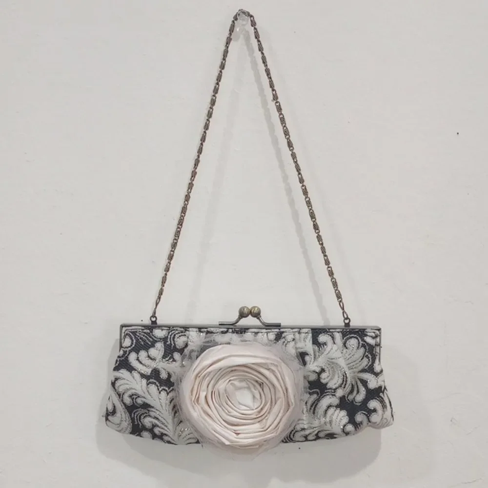 Black & Cream Brocade Evening Bag Clutch Satin Flower, Lace Netting, Chain Strap